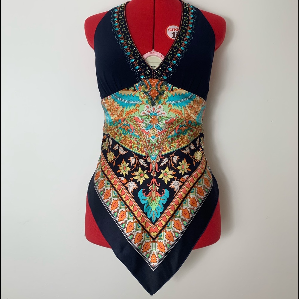 Caché Beaded Silk Halter Top in Size Small